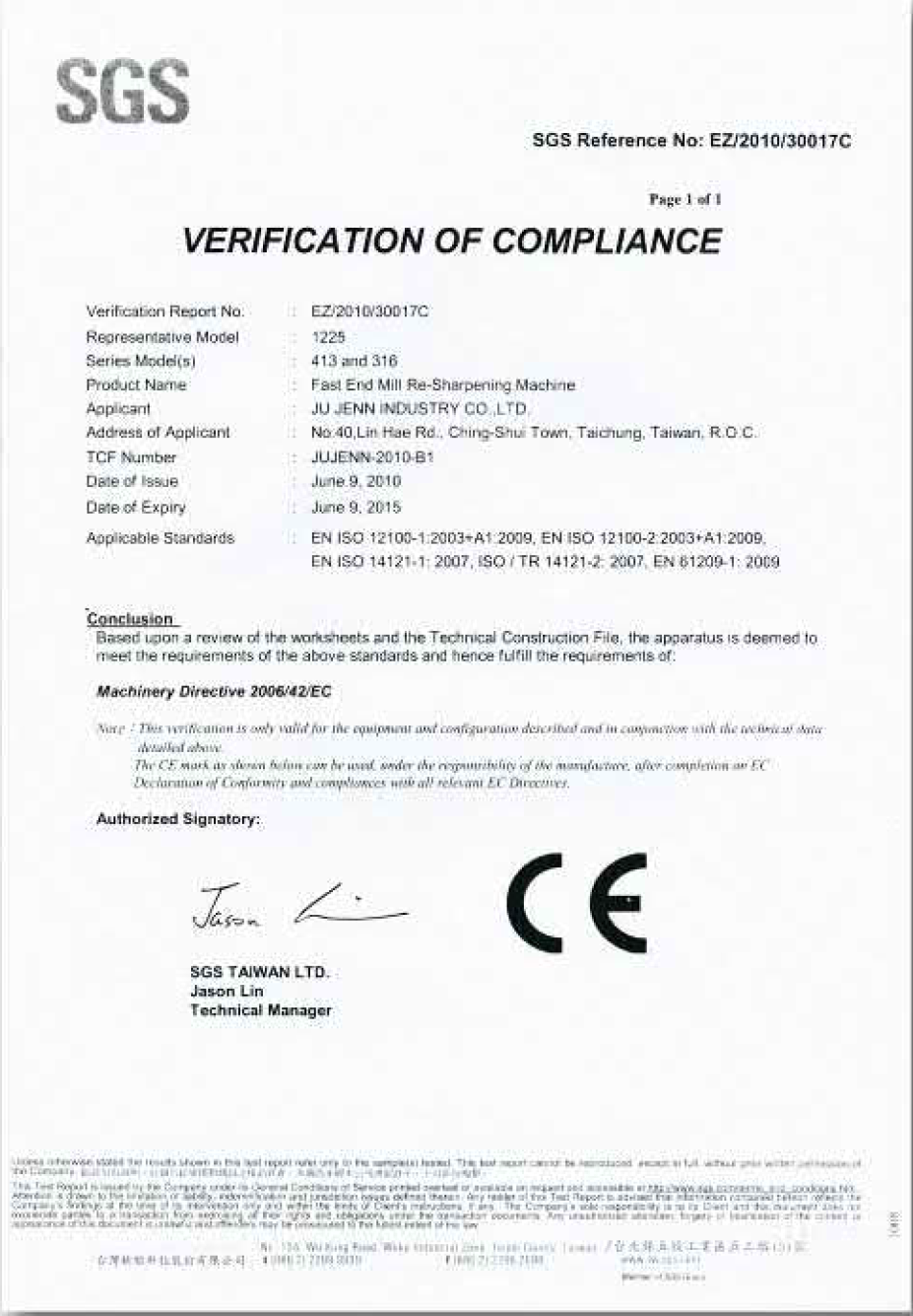 Сертифікат відповідності FAST END MILL RE-SHARPENING MACHINE 1225 - 413, 316